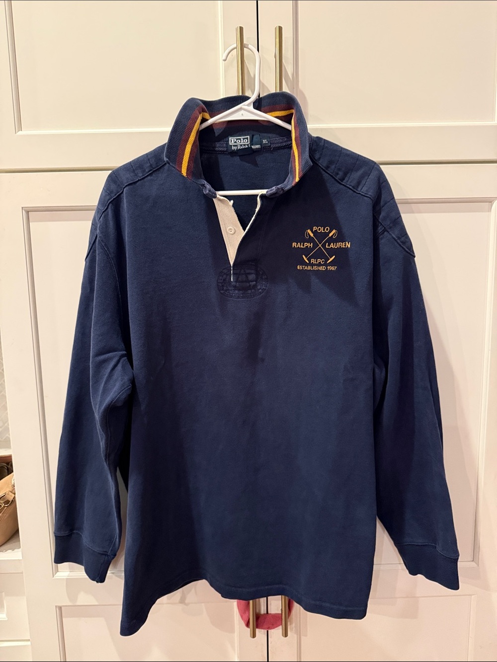 Vintage Polo by Ralph Lauren Navy Long-Sleeve Rugby Shirt with Striped Collar XL